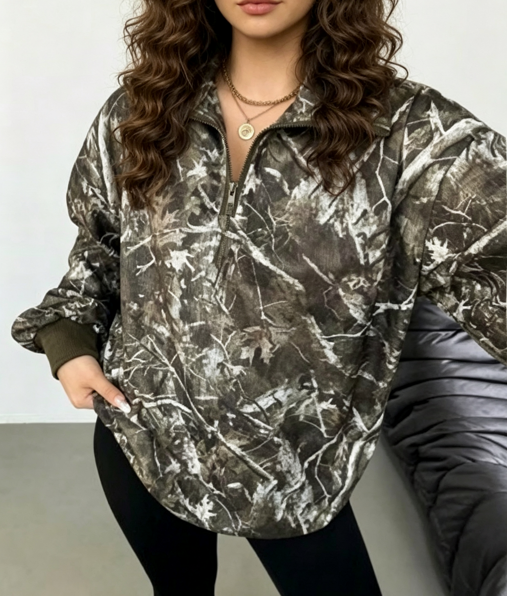 Drop Shoulder Half Zip Printed Sweatshirt - Green