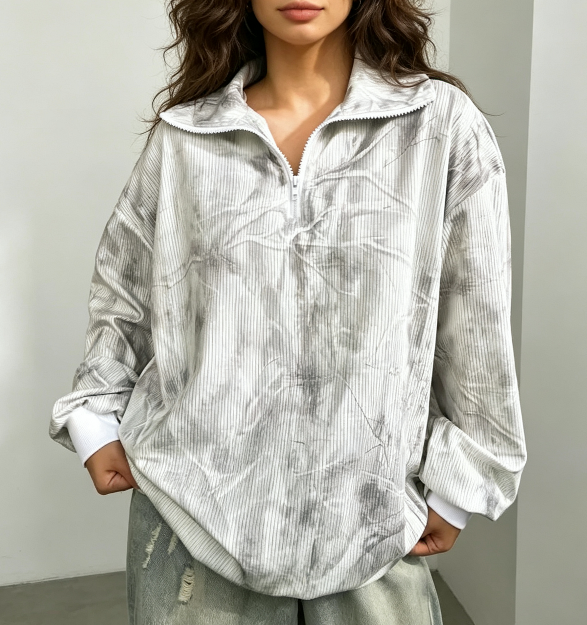 Drop Shoulder Half Zip Printed Sweatshirt - Leaves