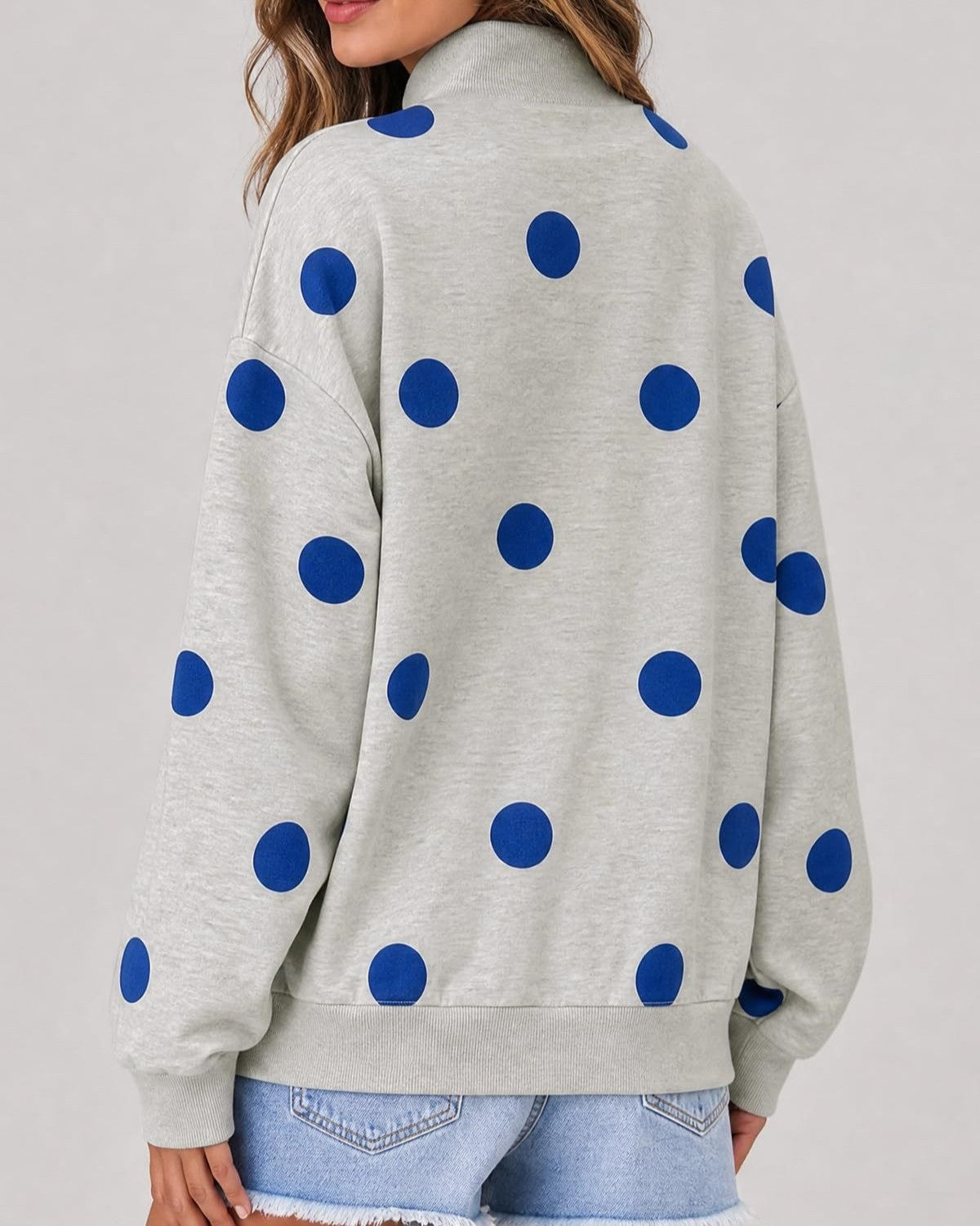 Oversized Polka Dot Drop Shoulder Sweatshirt - Gray - 2