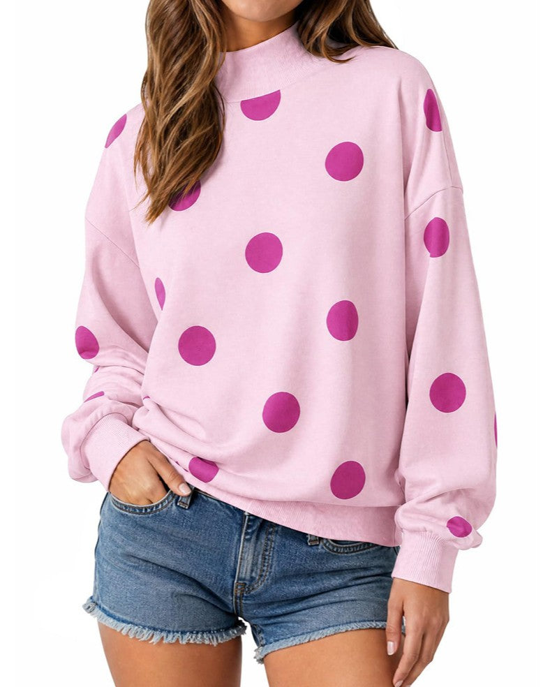 Oversized Polka Dot Drop Shoulder Sweatshirt - Pink