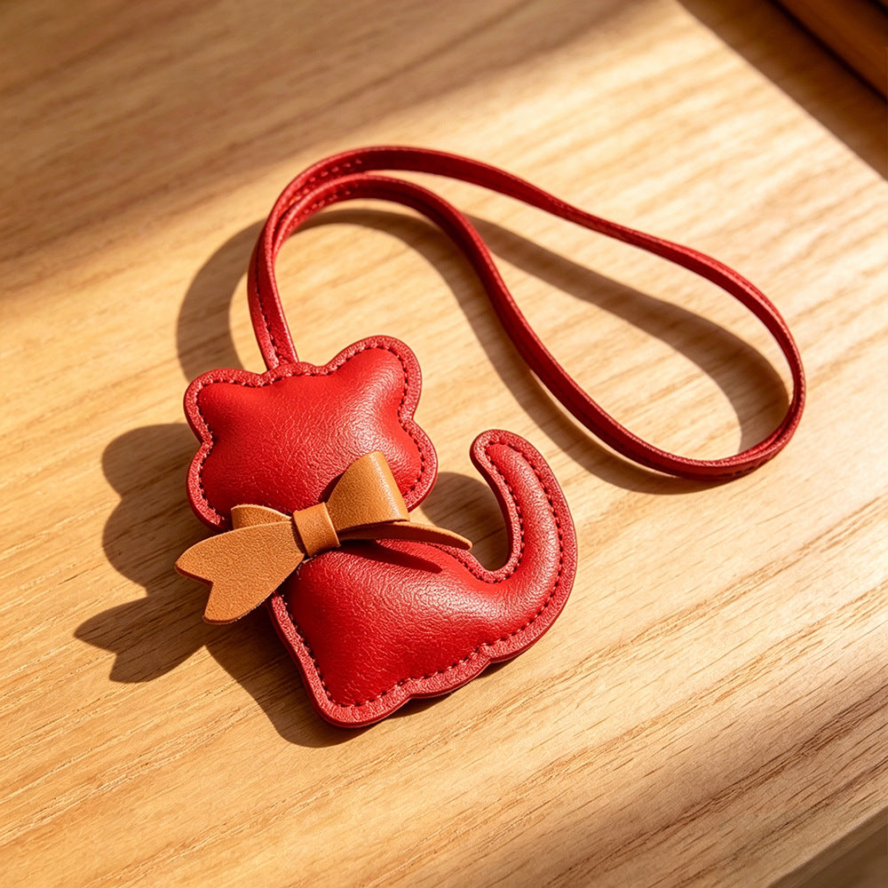 Dainty Bow Kitty Faux-Leather Bag Charm - Red