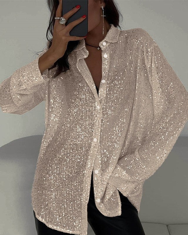 Sparkly Sequin Oversized Button-Up Shirt - Apricot