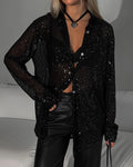 Sparkly Sequin Oversized Button-Up Shirt - Black
