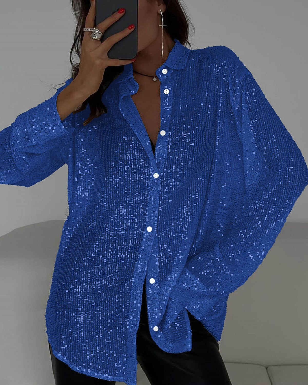 Sparkly Sequin Oversized Button-Up Shirt - Blue