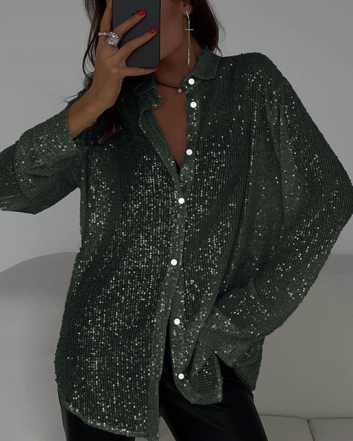 Sparkly Sequin Oversized Button-Up Shirt - Green