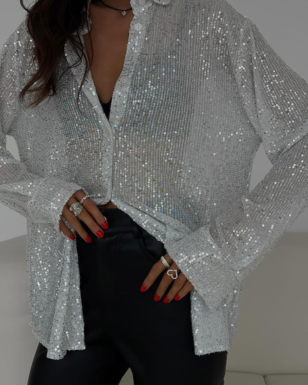 Sparkly Sequin Oversized Button-Up Shirt - White - 1