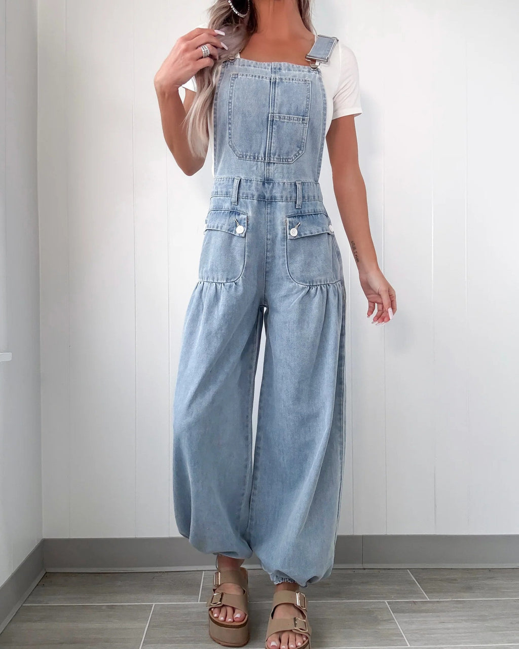 Wide Leg Barrel Denim Overalls - Blue - 1