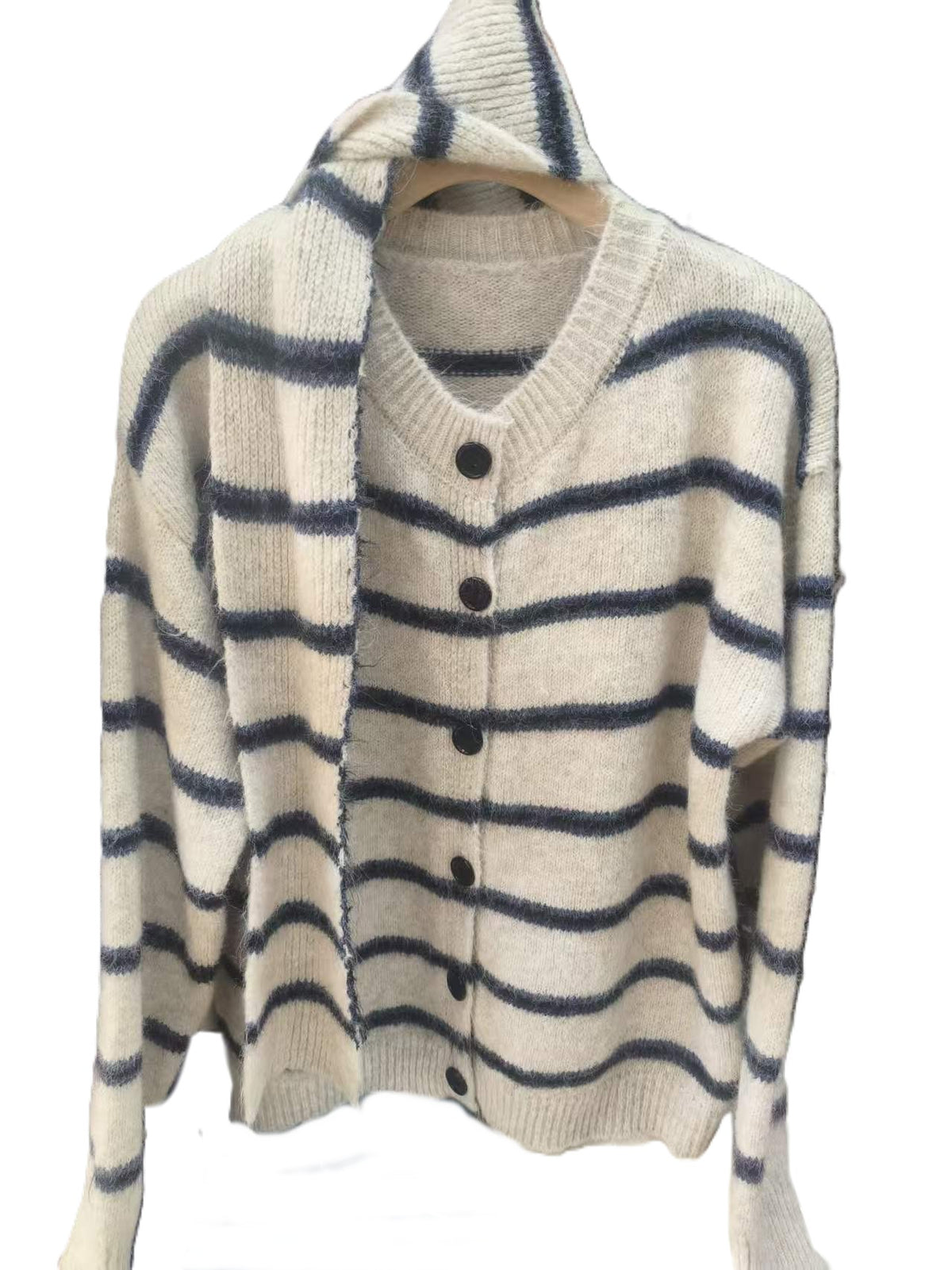 Striped Button Front Knit Sweater with Scarf - Apricot