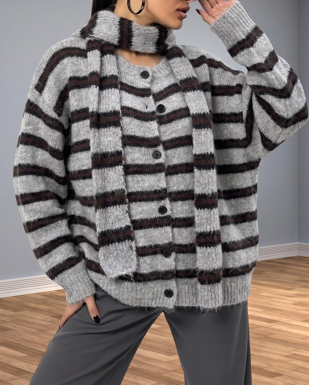 Striped Button Front Knit Sweater with Scarf - Grey