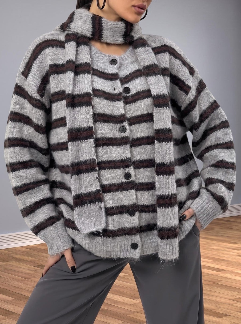 Striped Button Front Knit Sweater with Scarf - Grey - 1