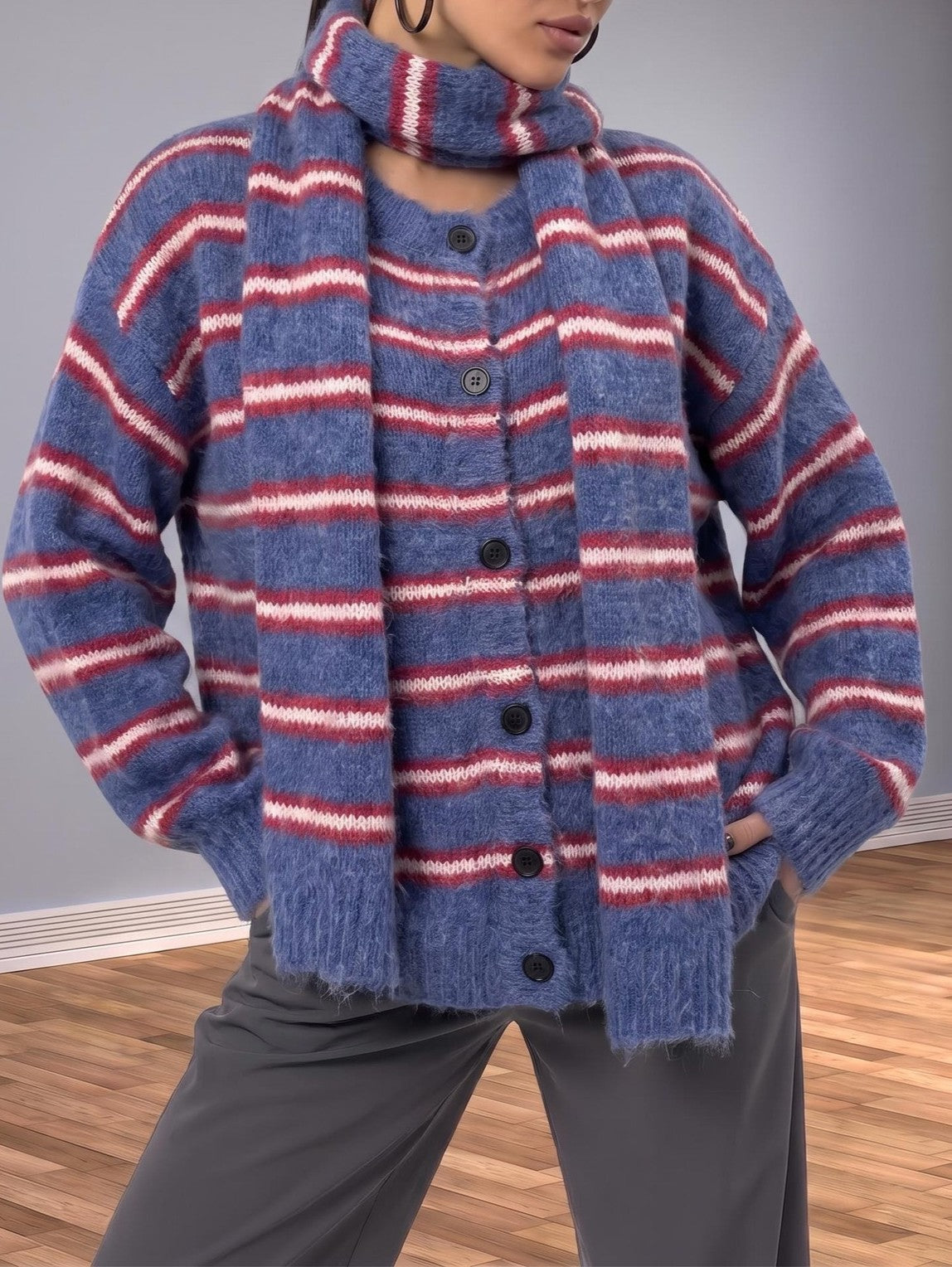 Striped Button Front Knit Sweater with Scarf - Purple
