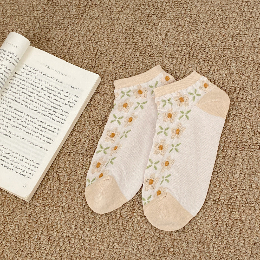 Ditsy Floral Low Cut Ankle Socks - Khaki - 1