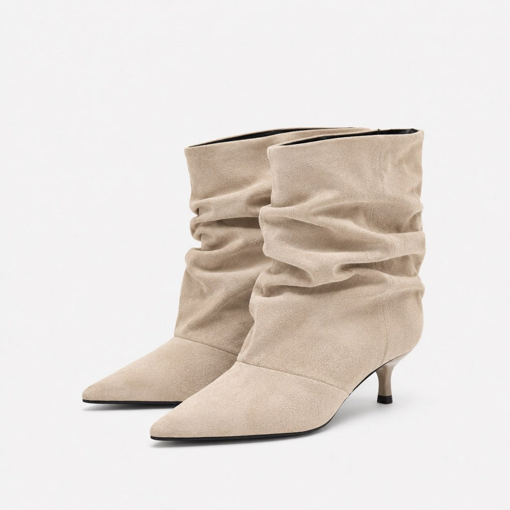 Slouchy Faux Suede Kitten Heel Ankle Boots - Cream