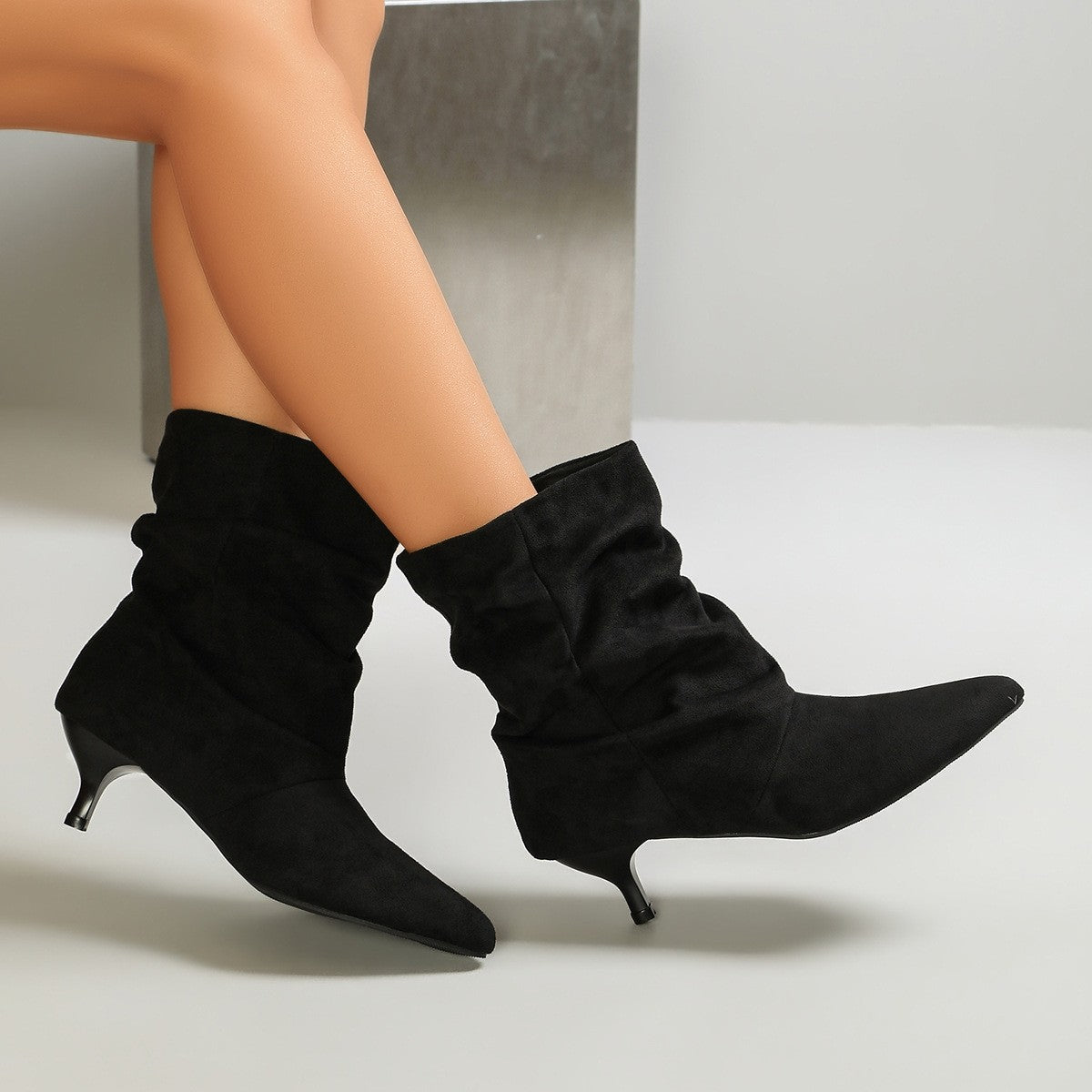 Slouchy Faux Suede Kitten Heel Ankle Boots