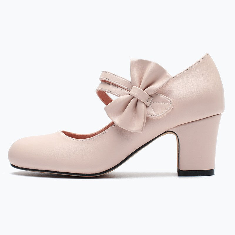 Bow Strap Block Heel Mary Jane Pumps - Apricot