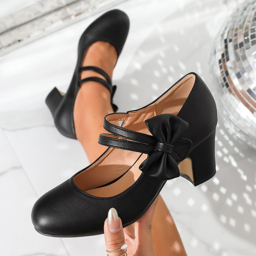 Bow Strap Block Heel Mary Jane Pumps - Black