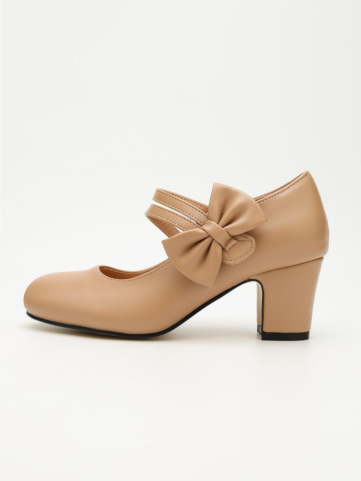 Bow Strap Block Heel Mary Jane Pumps - Khaki