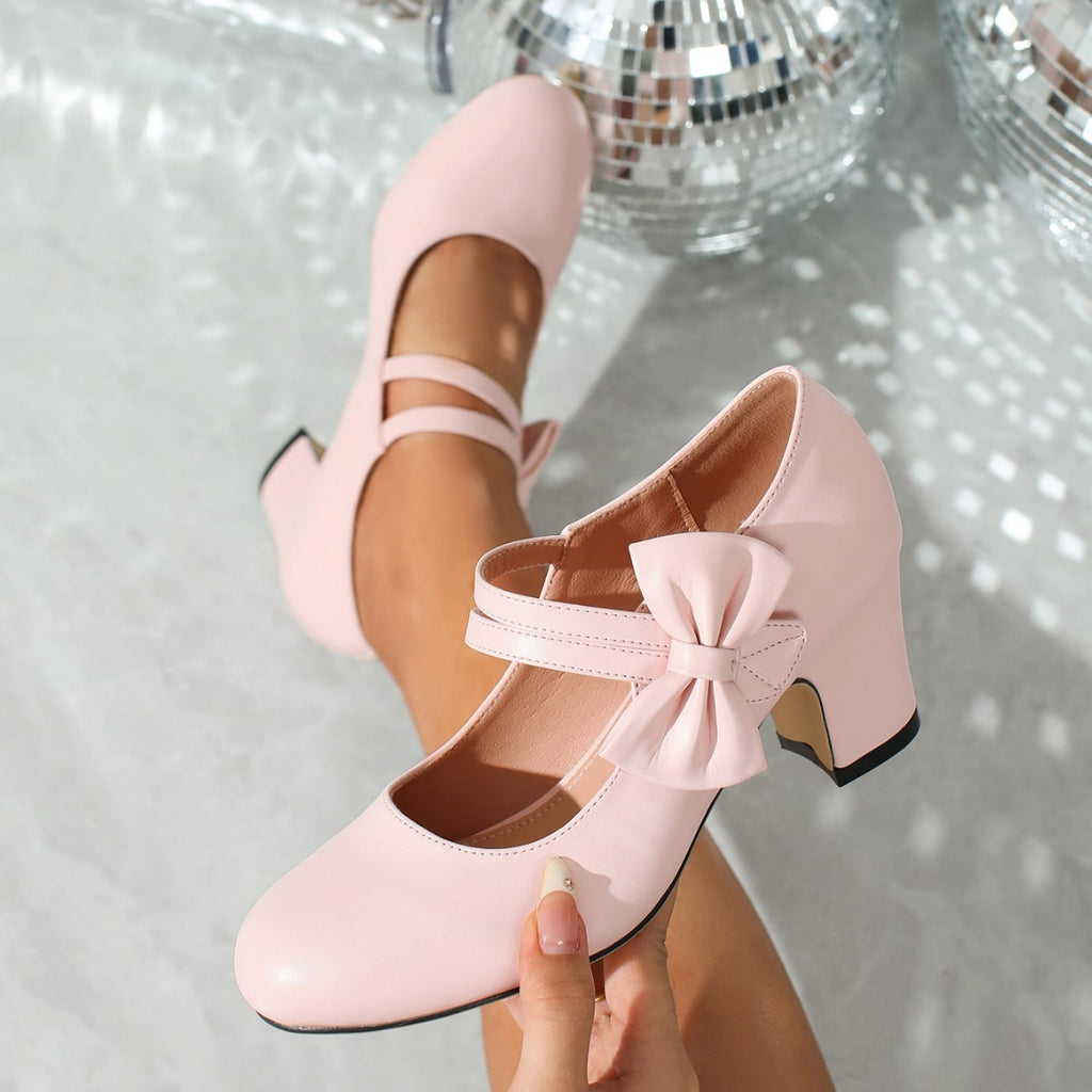 Bow Strap Block Heel Mary Jane Pumps