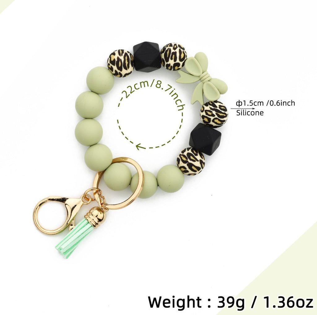 Bow Bead Wristlet Keychain With Tassel - Green