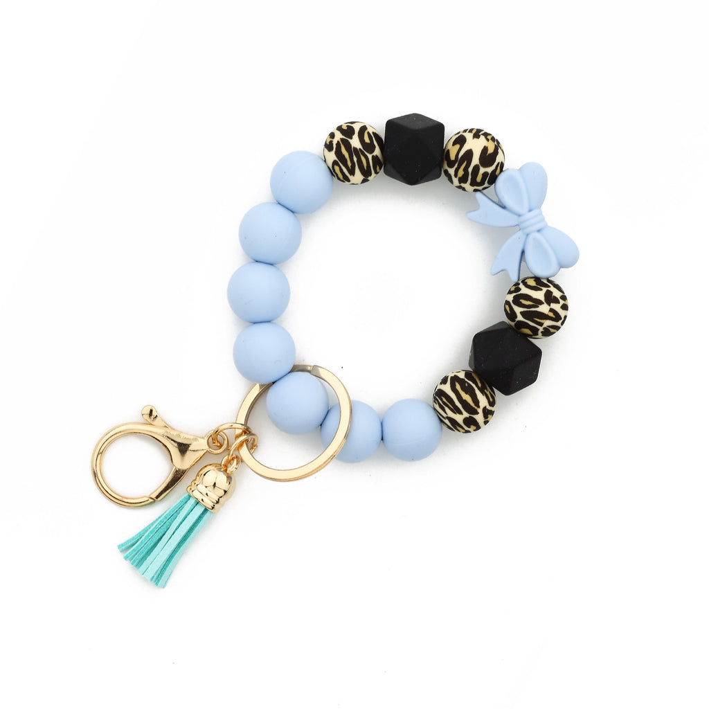 Bow Bead Wristlet Keychain With Tassel - Greyblue