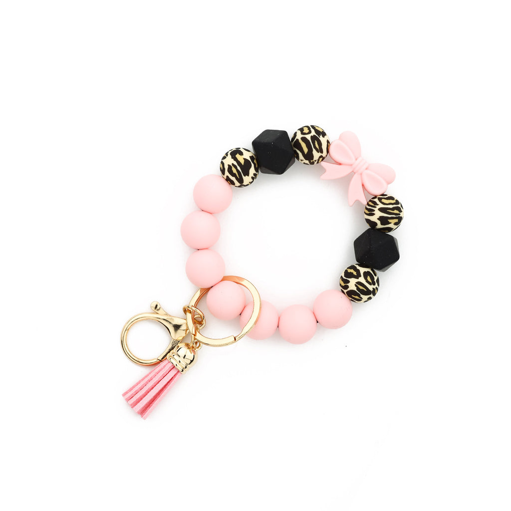 Bow Bead Wristlet Keychain With Tassel - Pink-1