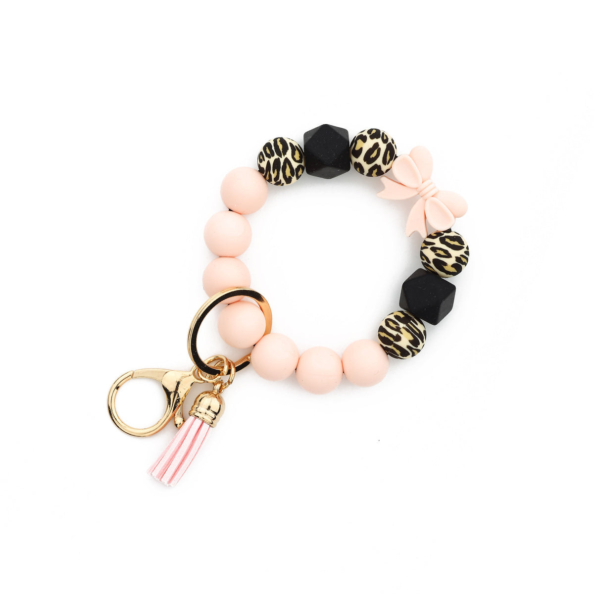 Bow Bead Wristlet Keychain With Tassel - Pink-2