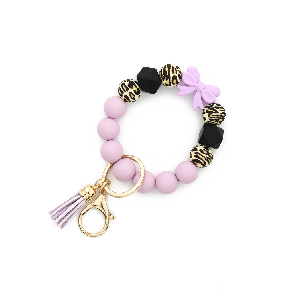 Bow Bead Wristlet Keychain With Tassel - Purple