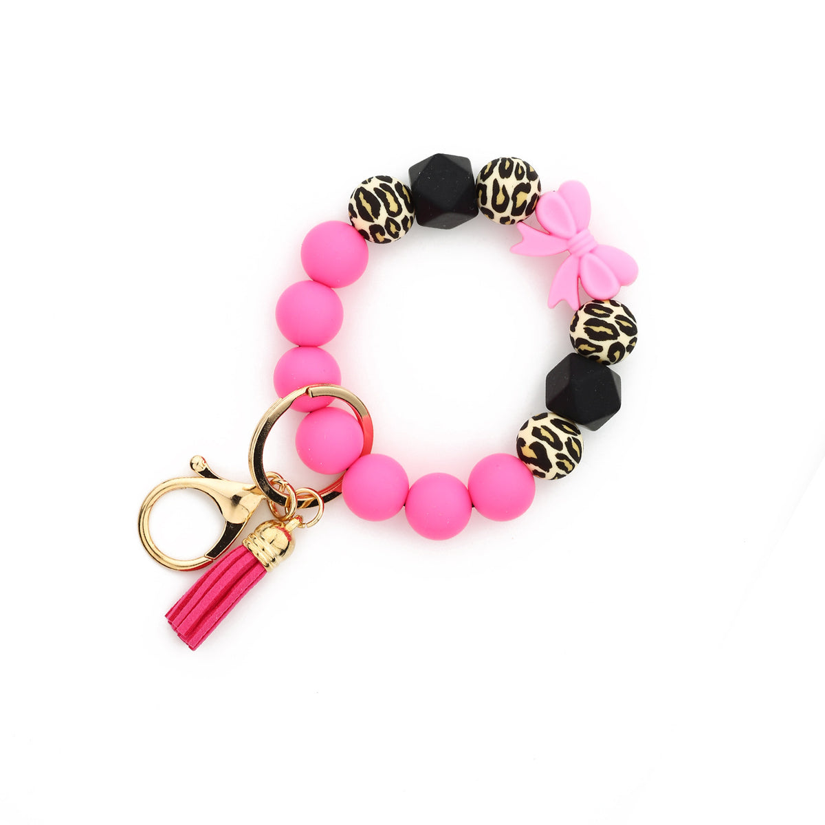 Bow Bead Wristlet Keychain With Tassel - RoseRed