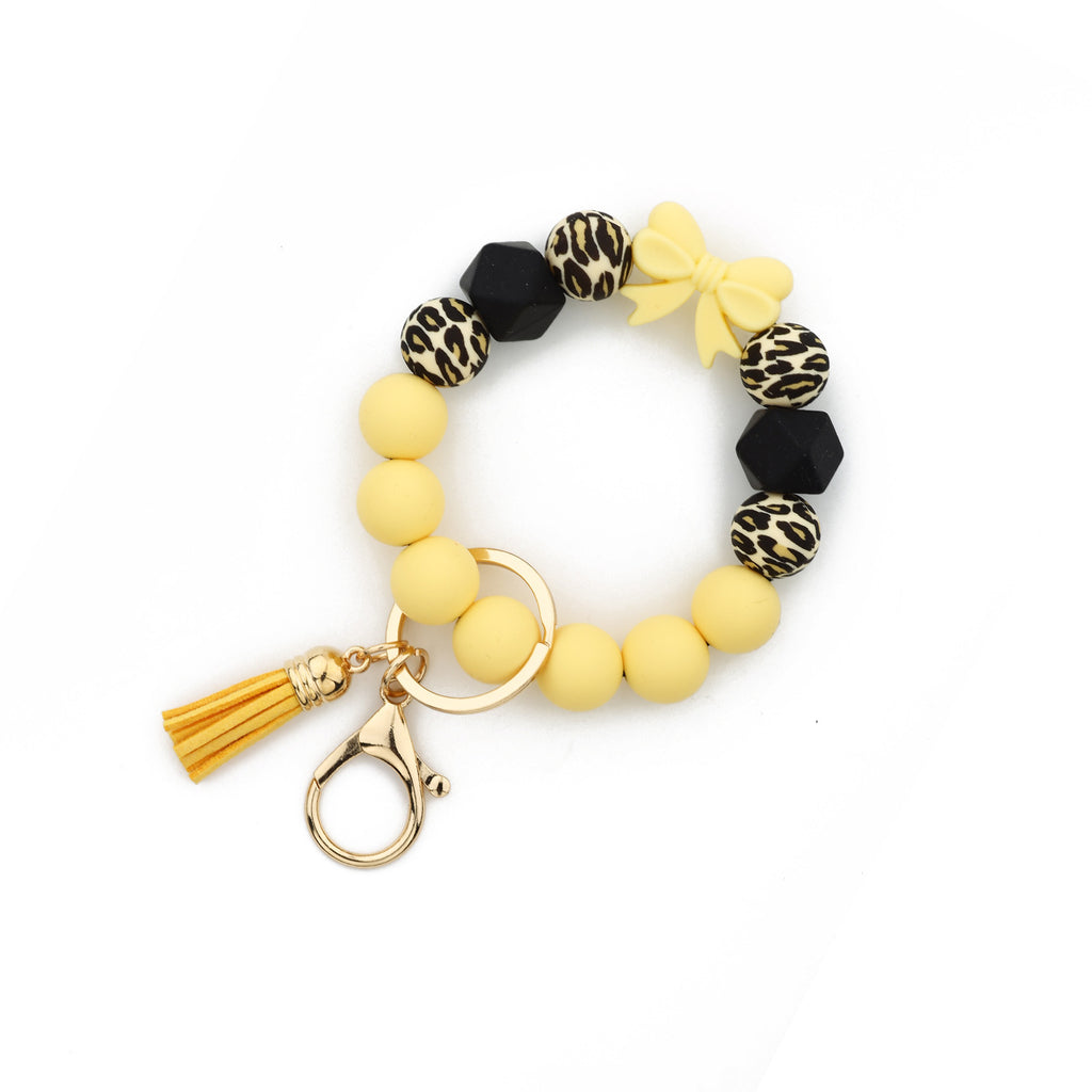 Bow Bead Wristlet Keychain With Tassel - Yellow