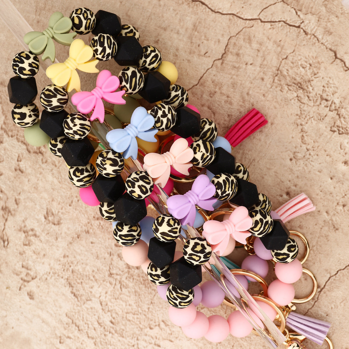 Bow Bead Wristlet Keychain With Tassel