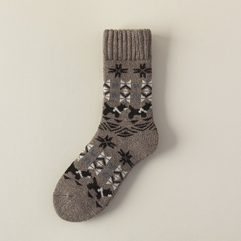 Nordic Snowflake Wool Blend Crew Socks - Khaki