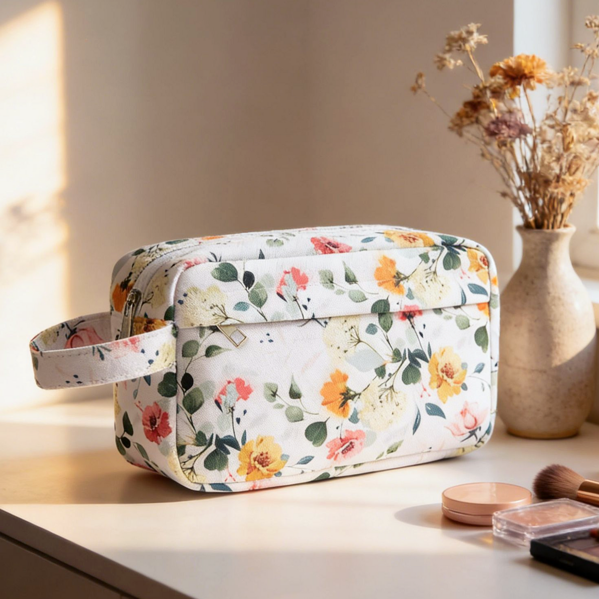 Ditsy Floral Cosmetic Pouch With Wrist Strap - White