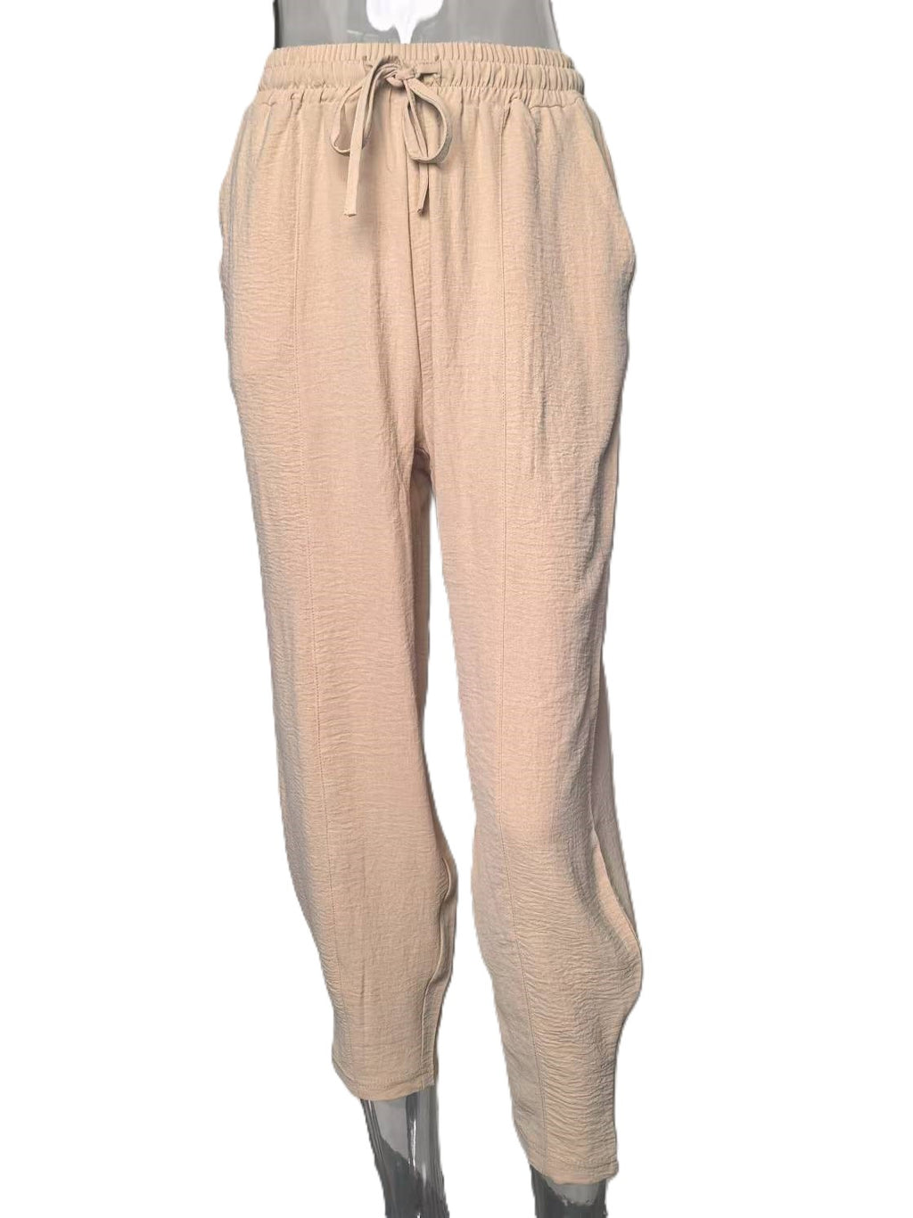 Drawstring Waist Tapered Cotton Trousers - Apricot
