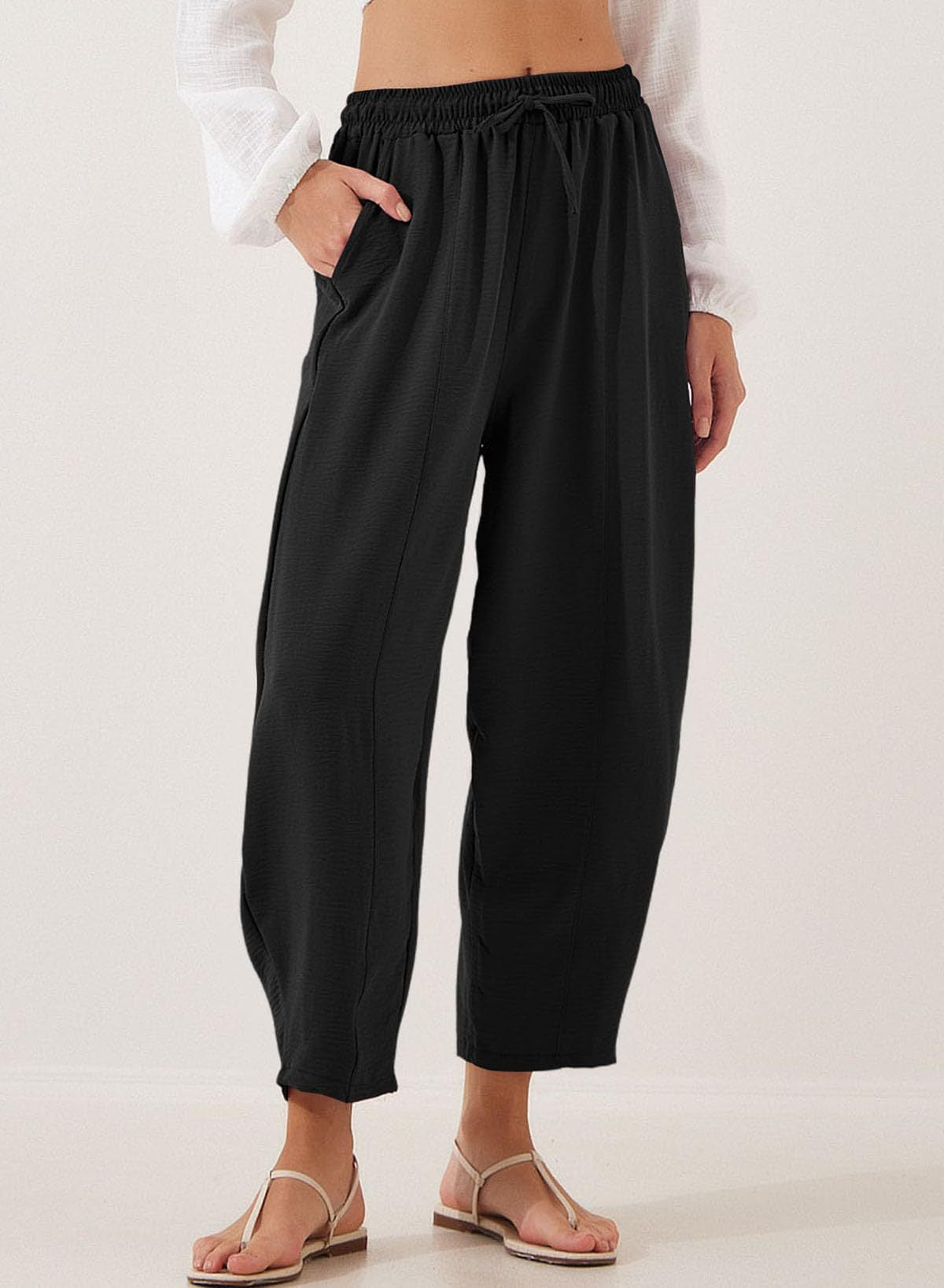 Drawstring Waist Tapered Cotton Trousers - Black