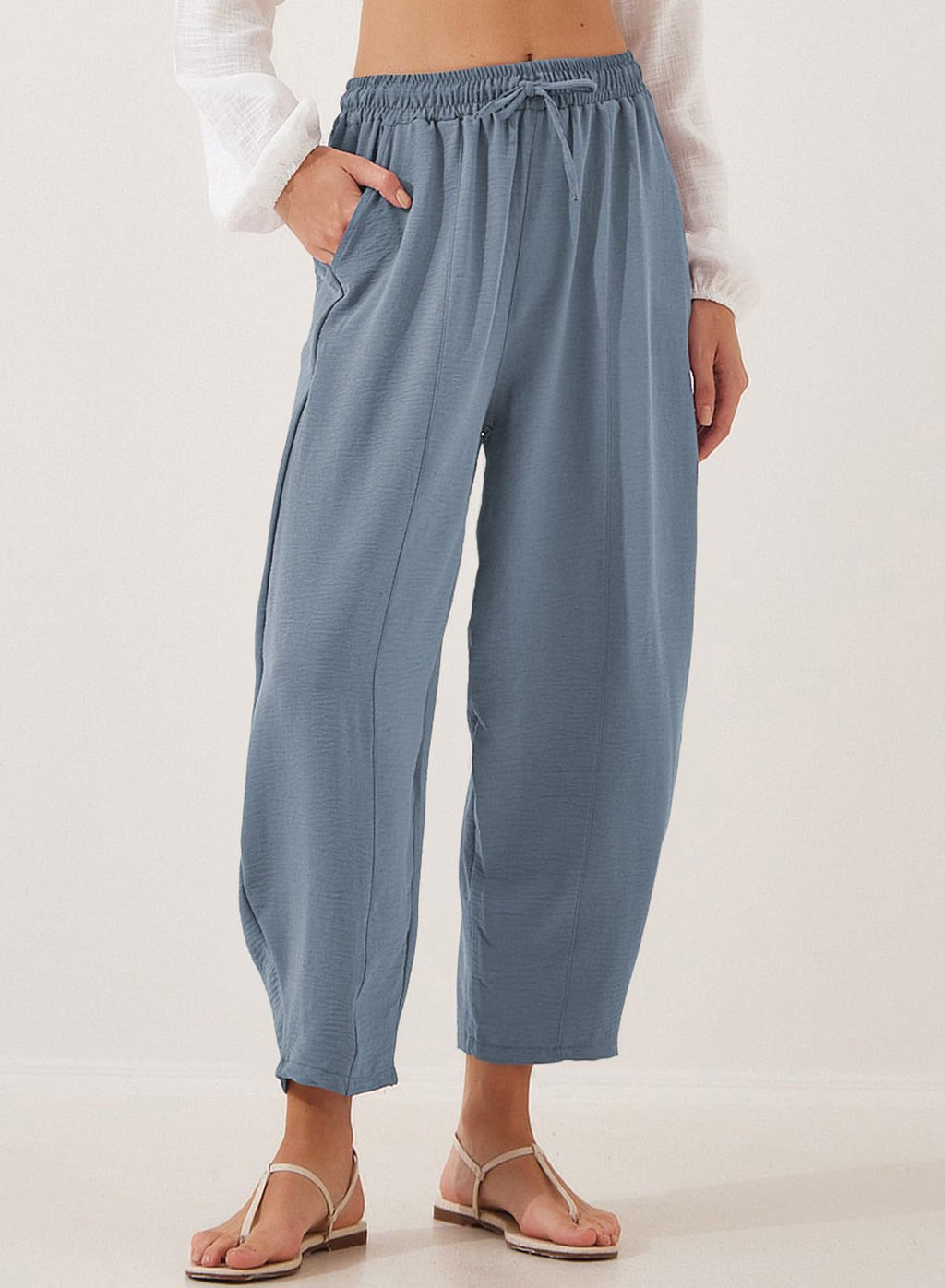 Drawstring Waist Tapered Cotton Trousers - Blue