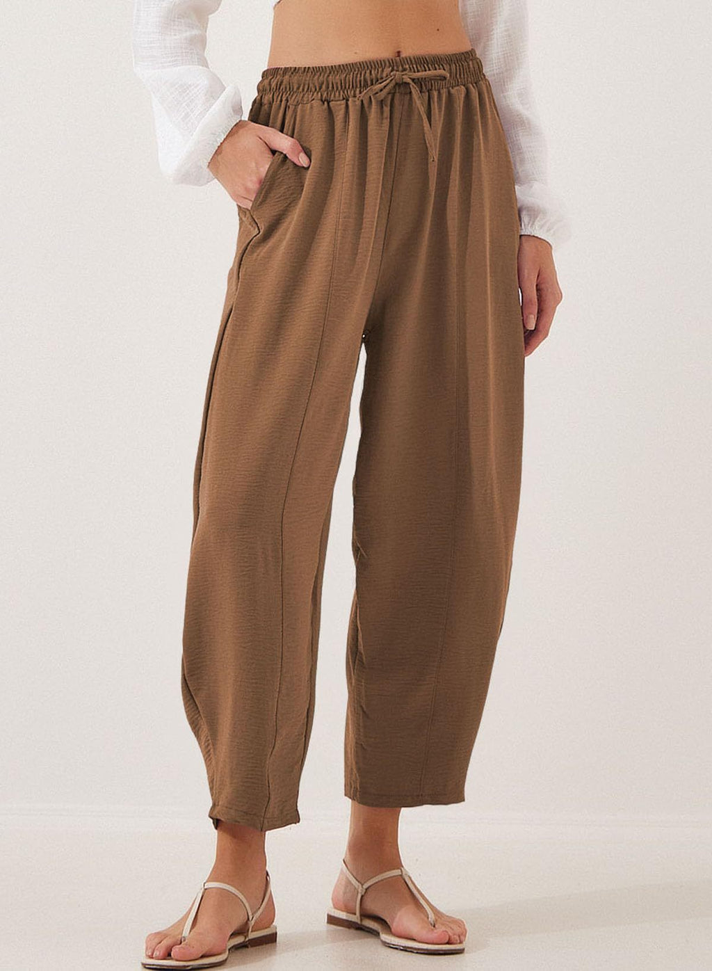 Drawstring Waist Tapered Cotton Trousers - Coffee
