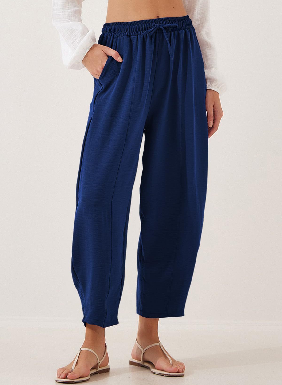 Drawstring Waist Tapered Cotton Trousers - Darkblue