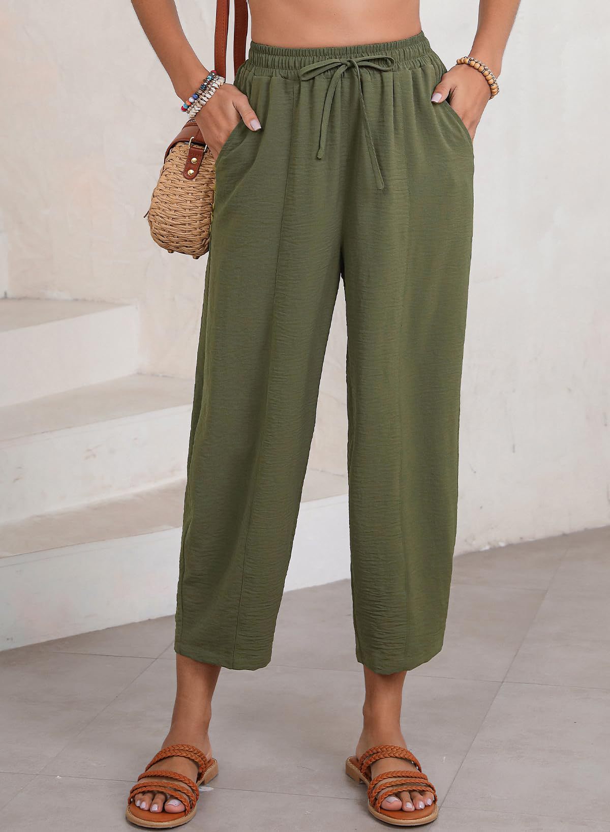 Drawstring Waist Tapered Cotton Trousers - Green