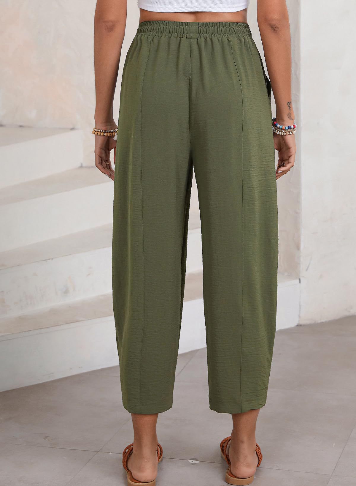 Drawstring Waist Tapered Cotton Trousers - Green - 1