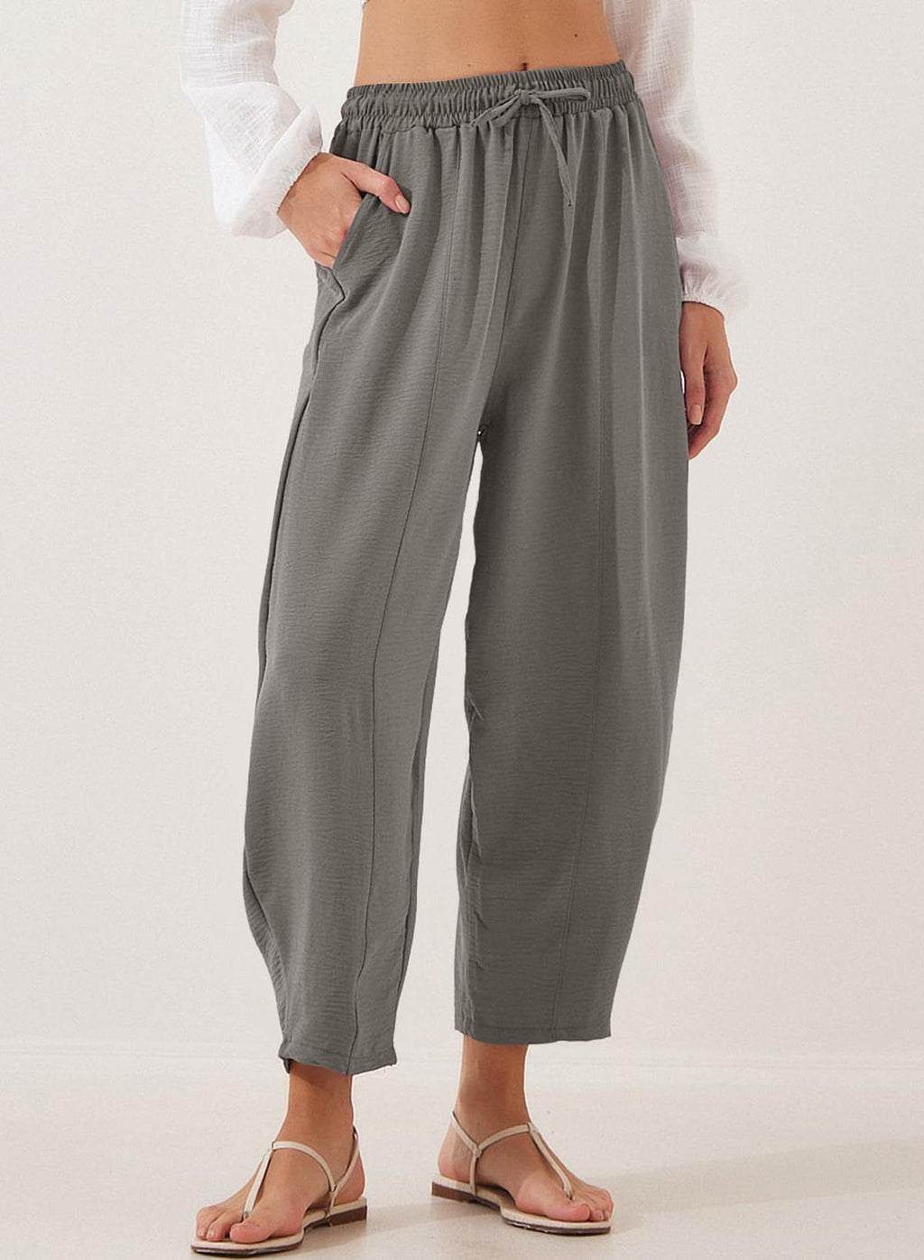 Drawstring Waist Tapered Cotton Trousers - Grey