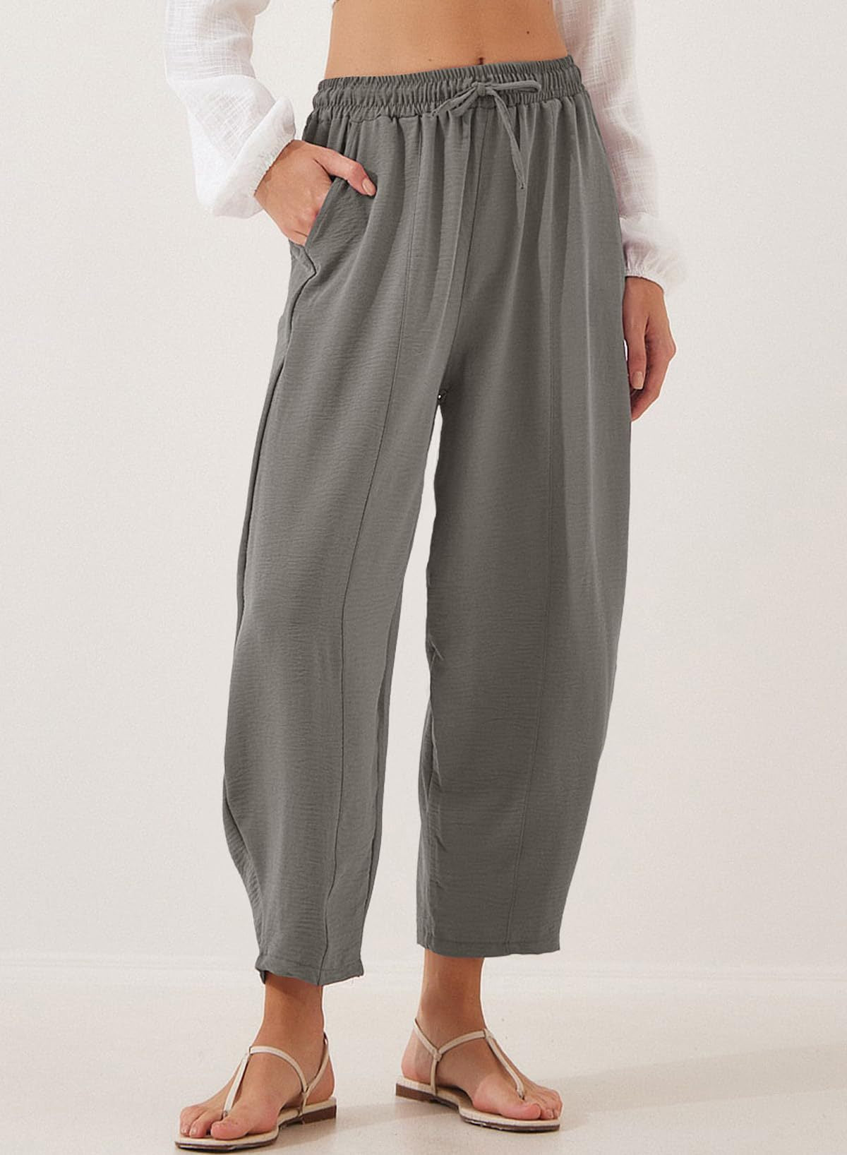 Drawstring Waist Tapered Cotton Trousers - Grey