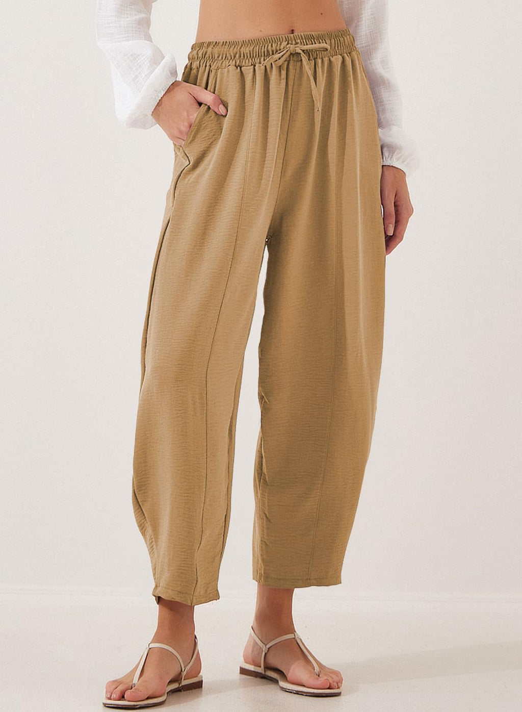 Drawstring Waist Tapered Cotton Trousers - Khaki