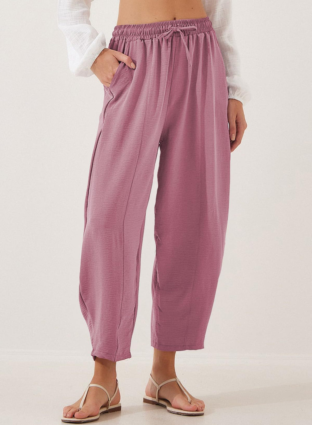 Drawstring Waist Tapered Cotton Trousers - Purple