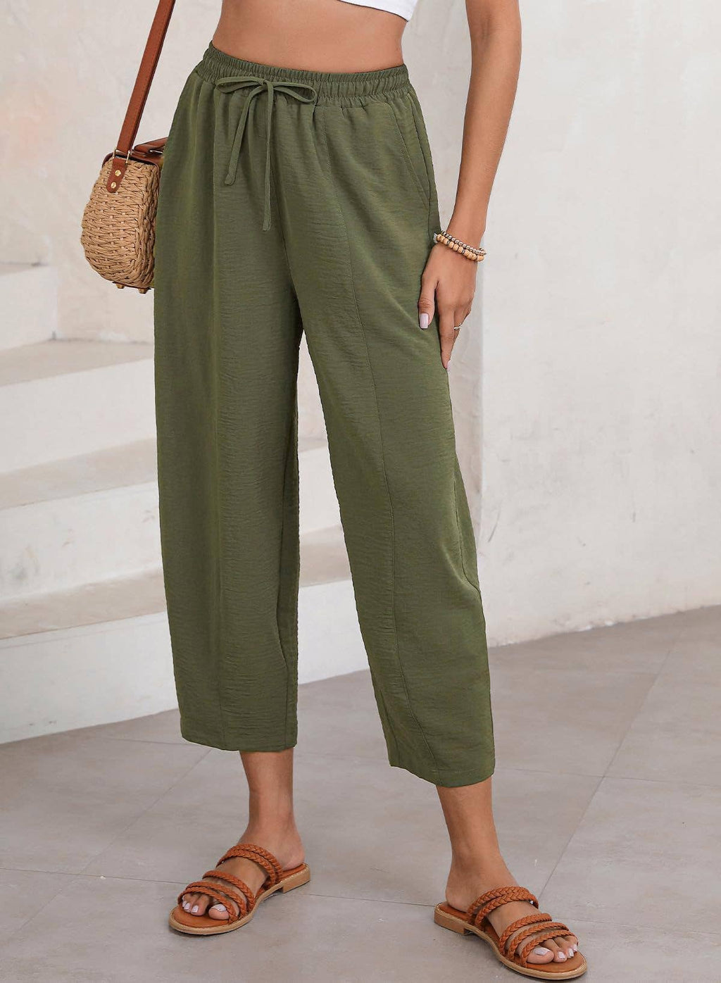Drawstring Waist Tapered Cotton Trousers