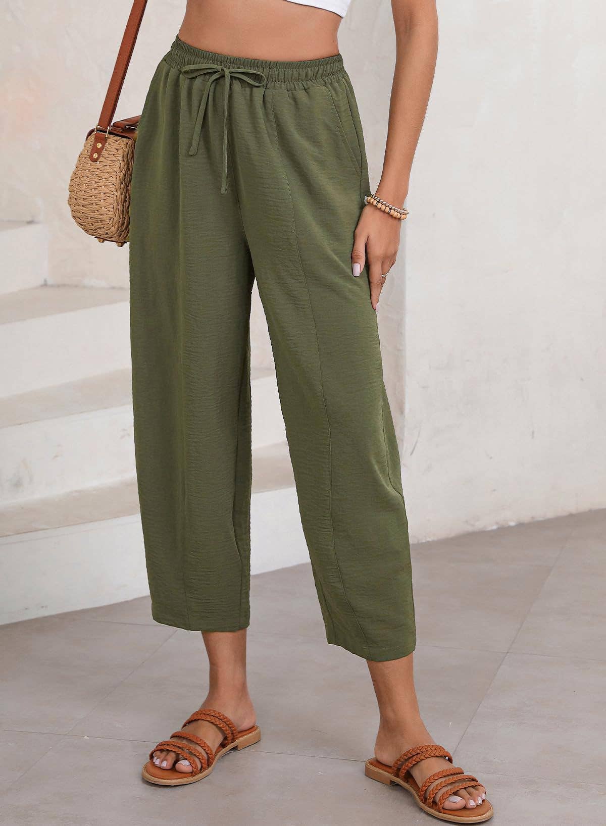 Drawstring Waist Tapered Cotton Trousers
