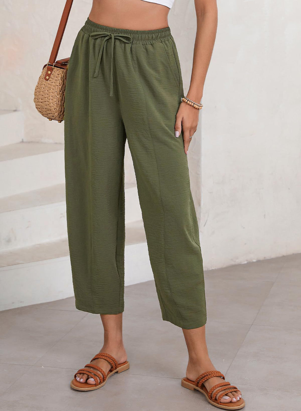 Drawstring Waist Tapered Cotton Trousers - view 1