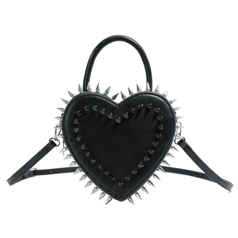 Spiked Heart Crossbody Bag With Chain - Black