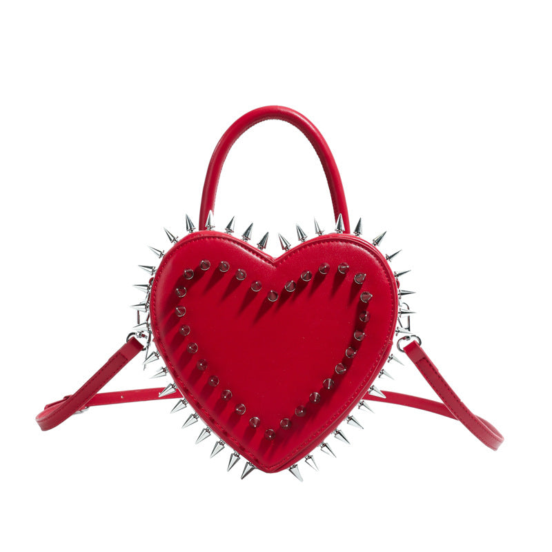 Spiked Heart Crossbody Bag With Chain - Red