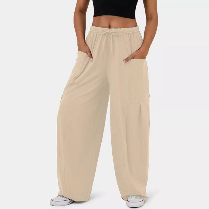 Drawstring Waist Utility Pocket Wide Leg Pants - Apricot
