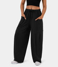Drawstring Waist Utility Pocket Wide Leg Pants - Black